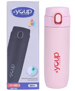 YOUP Thermosteel Insulated Double Wall PInk Green Color Water Bottle BRISK - 400 ml