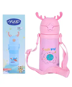 Youp Stainless Steel Pink Color Kids favourite print Sipper Bottle With Strap Style - 500 ml