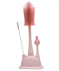 Adore Advanced Mama Bear 3 in 1 Silicone Bottle Cleaning Brush Kit with Stand - Silicone Bristle Brush for Bottle Brush Cleaner, Straw Brush, Pacifier & Bottle Washer Brush (Pink)