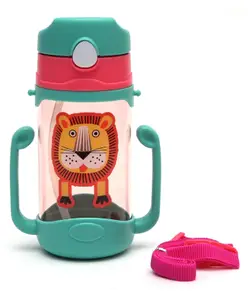 Adore JAFFA Lion Themed U Handle Straw Sipper with Adjustable Strap - Tied Ribbons Kid's Plastic Water Bottle BPA-Free 400ml Green