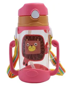 Adore JAFFA Lion Themed U Handle Straw Sipper with Adjustable Strap - Tied Ribbons Kid's Plastic Water Bottle BPA-Free 400ml (Pink)
