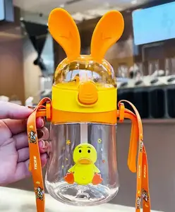 AKN TOYS Cute Bunny Ear Duck Plastic Water Bottle Travel Friendly Leak-Proof Drinking Bottle with Adjustable Shoulder Strap with Straw-(COLOUR MAY VARY)