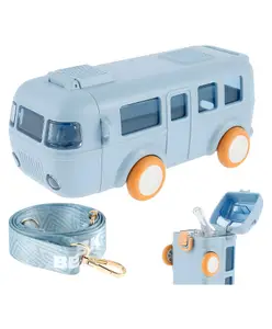 SCHOOLISH Cute Bus Water Bottle, 360° Leak-Proof Children's School Water Bottle, Small Car Straw Water Cup for Children, Straw Cup with Strap and Removable Bottle Caps- PACK OF 1- COLOR & Design MAY VARY