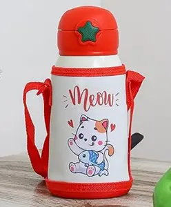 Femora Kids Kitten Water Bottle Hot & Cold Thermosteel Water Bottle Stainless Steel Bottle with Bag Red - 550 ml