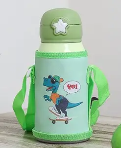 Femora Kids Dino Water Bottle Hot & Cold Thermosteel Water Bottle Stainless Steel Bottle with Bag Green - 550 ml