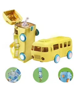 FunBlast Bus Shaped Water Bottle with Moving Wheels Strap & Sipper Yellow - 480 ml