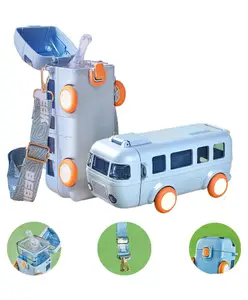 FunBlast Bus Shaped Water Bottle with Moving Wheels Strap & Sipper Blue - 480 ml