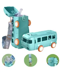 FunBlast Bus Shaped Water Bottle with Moving Wheels Strap & Sipper Sea Green - 480 ml