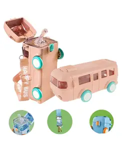 FunBlast Bus Shaped Water Bottle with Moving Wheels Strap & Sipper Pink - 480 ml