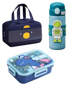 Little Surprise Box Tiffin Combo 5 pcs set Smal Dino Astro Lunch Box Insulated Lunch Bag & Water Bottle chopsticks & spoon Combo Set of 5 for Kids