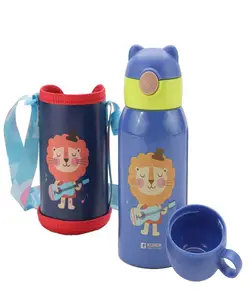 Kuber Industries Water Bottle for Kids | Shera Design Stainless Steel Flask with Straw, Cup & Fabric Cover|Blue,500 ml