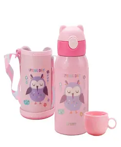 Kuber Industries Water Bottle for Kids | Owl Design Stainless Steel Flask with Straw, Cup & Fabric Cover||Pink,500 ml