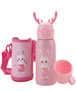 Kuber Industries Water Bottle for Kids|Bunny Design Stainless Steel Flask with Straw, Cup & Fabric Cover|Pink, 500 ml