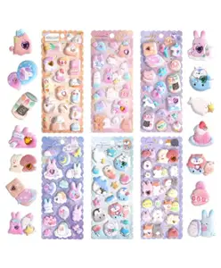 PLUSPOINT 3D Thick Puffy Stickers for Kids Girls Cute Kawaii Soft Stickers for Teens Large 3D Squishes Stickers with Gem Embellishment Reusable Puff Stickers for Stationary Phone Case, 6 Sheets