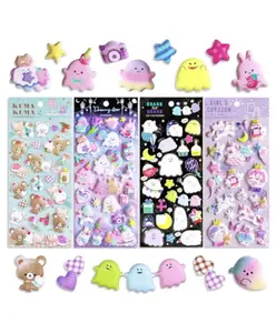 PLUSPOINT Cute 3D Puffy Thick Stickers for Kids Girls Kawaii Soft Stickers for Teens 2PC Large 3D Squishes Stickers 2PC Glow in Dark Reusable Puff Stickers for Stationary Phone Case,4 Sheets.