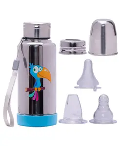 Adore Super Flow 3 Stage Multipurpose Double Wall Printed Insulated Thermos Baby Feeding Bottle Set with Silicon Base -300ml
