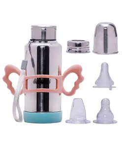 Adore Ideal Flow 3 Stage Multipurpose Double Wall Insulated Thermos Baby Feeding Bottle Set with Silicon Handle & Base -300ml