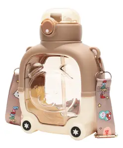 Paper Moon Kids Bear Shape Leak-proof Push Lock Water Bottle with in-built Straw and Strap 1000ml Capacity for School - Color May Vary