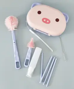 Fab N Funky Baby Bottle Brush Cleaner Set With Removable Drying Stand Tray Baby Bottles Drying Rack With Storage Box,Soap Dispenser, Baby Travel Essential Bottle Brush Set - Pink