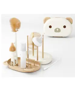 Fab N Funky Baby Bottle Brush Cleaner Set With Removable Drying Stand Tray Baby Bottles Drying Rack With Storage Box,Soap Dispenser, Baby Travel Essential Bottle Brush Set - Cream