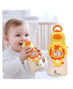 R for Rabbit Steebo Zoobie Premium Stainless Steel Sipper Water Bottle Spill Proof BPA Free Soft Silicone Straw Drinking with Lion Applique Yellow - 550 ml