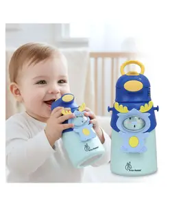 R for Rabbit Steebo Zoobie Premium Stainless Steel Sipper Water Bottle Spill Proof BPA Free Soft Silicone Straw Drinking with Deer Applique Blue - 550 ml