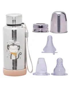 Adore Super Flow 3 Stage Multipurpose Double Wall Printed Insulated Thermos Baby Feeding Bottle Set with Silicon Base -300ml- Brown Monkey