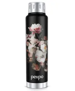 Pexpo Cameo ISI Certified Hot & Cold 500ml Stainless Steel Water Bottle|Black Flower Printed Design| Vacuum Insulated| Leak proof & BPA Free| Screw Cap| Office, School, Gym, & Travelling|Men, Women