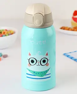 Cello Popup Stainless Steel Water Bottle with Kitten Print Green - 496 ml
