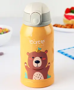 Cello Popup Stainless Steel Water Bottle with Bear Print Yellow - 496 ml