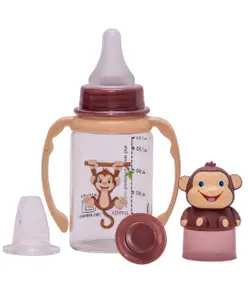 Adore FREAK! Character Hood 3 Stage Glass Feeding Bottle with Twin Handle- 125ml- Monkey