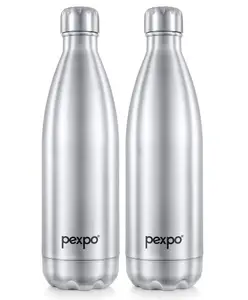 PEXPO Electro 24 Hrs Hot & Cold ISI Certified Flask | Stainless Steel Water Bottle - 1000ml Silver, Pack of 2 | Thermoflask | Office Bottle | Workout | Travelling | Home | Adults