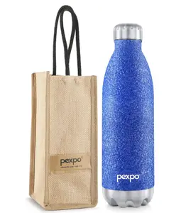 PEXPO Electro 24 Hrs Hot & Cold ISI Certified with Jute Bag | Stainless Steel Water Bottle - 1500ml Blue | Thermoflask | Office Bottle | Workout | Travelling | Home