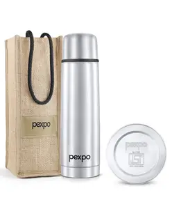 Pexpo Flamingo|ISI Certified|Vacuum Insulated Hot & Cold Stainless Steel Flask |Jute Bag|- 500ml Silver |Steel Bottle|Thermoflask|Leak Proof|Travelling|School & Trekking|Office|Men, Women & Kids