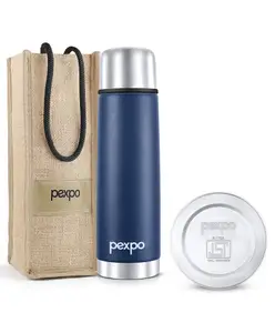 Pexpo Flamingo|ISI Certified|Vacuum Insulated Hot & Cold Stainless Steel Flask |Jute Bag|- 500ml Denim Blue |Steel Bottle|Thermoflask|Leak Proof|Travelling|School & Trekking|Office|Men, Women & Kids