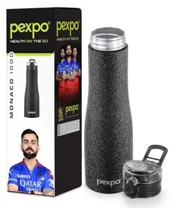 Pexpo Monaco Stainless Steel Fridge Cooling/Sports Sipper Water Bottle 1 Litre, Black |Single Walled|Easy Grip|Home, Office, Gym, School, Yoga, Trekking, Men, Women & Kids