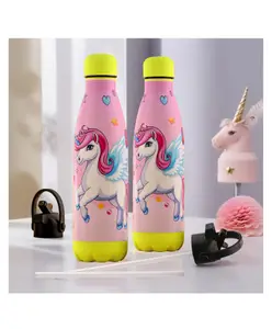 Kuber Industries Pack of 2 Water Bottle with 2 Lids Unicorn Rainbow 500 ml Insulated Sipper Bottle for Adults & Kids with Straw Stainless Steel Bottle for Travel & Sports Pink