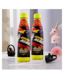 Kuber Industries Pack of 2 Water Bottle with 2 Lids Disney Car 500 ml Insulated Sipper Bottle for Adults & Kids with Straw BPA-Free Stainless Steel Bottle for Travel & Sports Red