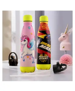 Kuber Industries Pack of 2 Water Bottle with 2 Lids Printed 500 ml Insulated Sipper Bottle for Adults & Kids with Straw BPA-Free Steel Bottle for Travel-Gym & Sports Pink & Red