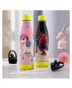 Kuber Industries Pack of 2 Water Bottle with 2 Lids 500 ml Printed BPA-Free Insulated Sipper Bottle for Adults & Kids with Straw Steel Bottle for Travel-Gym & Sports Pink & Red