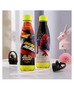 Kuber Industries Pack of 2 Water Bottle with 2 Lids 500 ml Printed BPA-Free Insulated Sipper Bottle for Adults & Kids with Straw Steel Bottle for Travel-Gym & Sports Red