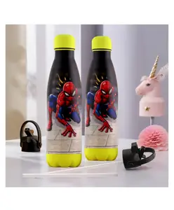 Kuber Industries Pack of 2 Water Bottle with 2 Lids Marvel Spiderman 500 ml Insulated Sipper Bottle for Adults & Kids with Straw Stainless Steel Bottle for Travel & Sports Red