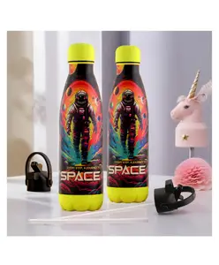 Kuber Industries Pack of 2 Water Bottle with 2 Lids Journey To Space 500 ml Insulated Sipper Bottle for Adults & Kids with Straw Stainless Steel Bottle for Travel & Sports Multicolor