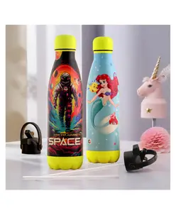 Kuber Industries Pack of 2 Water Bottle with 2 Lids 500 ml Insulated Sipper Bottle for Adults & Kids with Straw Printed Steel Bottle for Travel & Sports Multicolor & Sky Blue