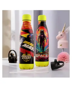 Kuber Industries Pack of 2 Water Bottle with 2 Lids 500 ml Insulated Sipper Bottle for Adults & Kids with Straw Printed BPA-Free Steel Bottle for Travel & Sports Red & Multicolor