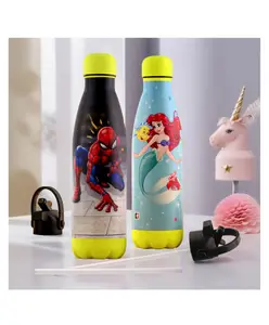 Kuber Industries Pack of 2 Water Bottle with 2 Lids 500 ml Insulated Sipper Bottle for Adults & Kids with Straw Printed BPA-Free Steel Bottle for Travel & Sports Red & Sky Blue