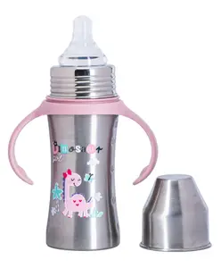 Adore Magnus! Premium Wideneck Stainless Steel Feeding Bottle with anti-colic teat and Handle 250ml- Pink Dino