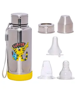 Adore Super Flow 3 Stage Multipurpose Double Wall Printed Insulated Thermos Baby Feeding Bottle Set with Silicon Base -300ml- Yellow Surfer