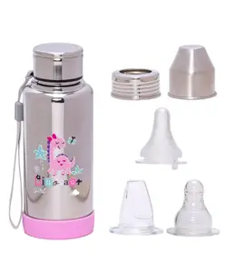Adore Super Flow 3 Stage Multipurpose Double Wall Printed Insulated Thermos Baby Feeding Bottle Set with Silicon Base -300ml- Pink Dino
