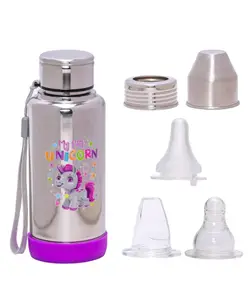 Adore Super Flow 3 Stage Multipurpose Double Wall Printed Insulated Thermos Baby Feeding Bottle Set with Silicon Base -300ml- Purple Unicorn